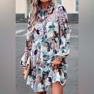 Frilled Neck Floral Long Sleeve Dress